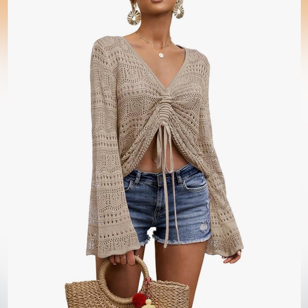 Beige crochet top with tie/adjustable Front